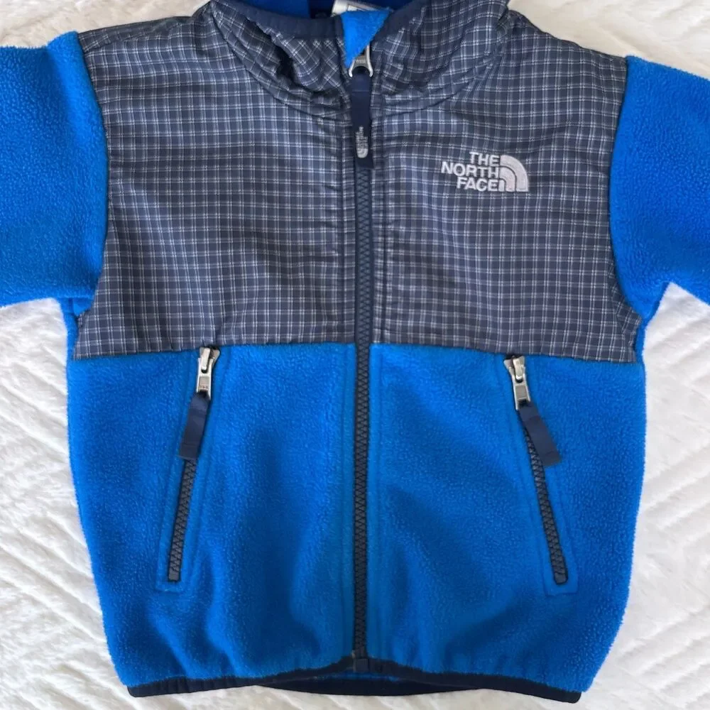 The North Face Toddler 2T Denali Hooded Fleece Jacket Blue Plaid Full Zip Kids